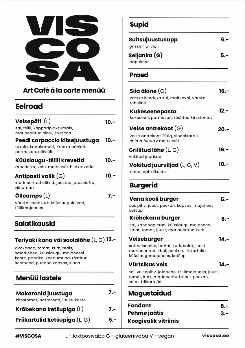 Art Cafe menüü Viscosa kultuuritehas ja Hiiumaa söögikohad
